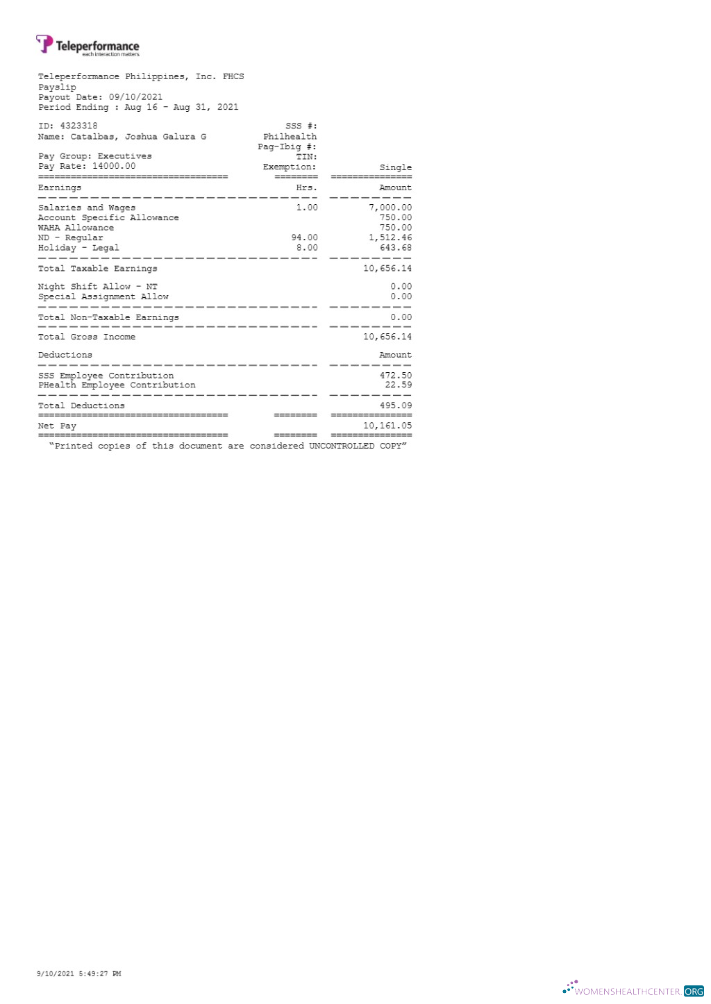 Download Teleperformance Philippines payslip template in Word and PDF formats.pdf, 1 Photoshop template